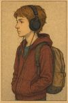 Adolescent des années 2010 avec casque audio et sac à dos, style estampe Hiroshi Yoshida
