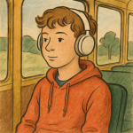 Adolescent avec casque sans fil dans un bus