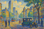 Scène moderne anachronique dans un décor pointilliste vibrant