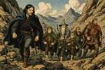 La communauté de l’anneau en route sur des sentiers escarpés, style pulp
