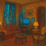 Appartement cyberpunk avec éléments décoratifs intemporels, style Edouard Vuillard