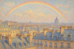 Arc-en-ciel traversant un quartier parisien en teintes pastel, style Gustave Caillebotte