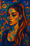 Portrait d'Ariana Grande avec des couleurs pures et des formes simplifiées, style Paul Sérusier
