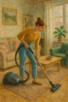 Scène impressionniste d'une femme moderne passant l'aspirateur dans un salon scandinave, style Mary Cassatt