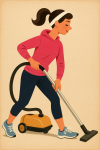 Femme en jogging des années 2010 passant l'aspirateur dans un style rétro Donald Brun