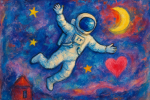 Astronaute flottant dans un ciel romantique à la Chagall
