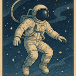 Un astronaute flottant dans un ciel étoilé traité en style ukiyo‑e façon Hiroshige
