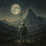 Astronaute solitaire contemplant un paysage lunaire montagneux, style Caspar David Friedrich
