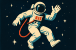 Astronaute flottant dans l’espace stylisé en aplats de couleurs, façon Ludwig Hohlwein