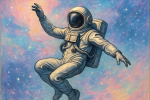 Astronaute flottant dans un ciel étoilé aux tons pastel, style Paul Jouve