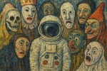 Astronaute entouré de créatures masquées dans un décor étrange, style James Ensor