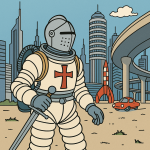 Un astronaute en armure médiévale explorant une cité futuriste, style Hergé
