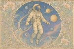 Astronaute dans un paysage spatial illustré dans le style floral et décoratif d