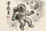 Astronaute dans l'espace traité aux traits spontanés de l'encre chinoise, style Qi Baishi
