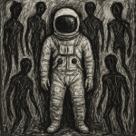 Un astronaute en combinaison, entouré de formes humaines abstraites et grattées, dans le style de Louis Soutter