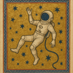 Astronaute dans l'espace représenté dans le style des enluminures médiévales