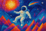 Astronaute dans un décor géométrique décalé, style Alma Thomas