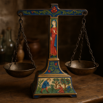 Photo réaliste d'une balance d'apothicaire médiévale ornée de motifs dorés