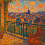 Vue d'un balcon sur une ville aux couleurs vives, style Edouard Vuillard