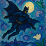 Batman dans un décor féerique, style Marc Chagall
