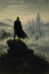 Batman silhouette sur une falaise contemplant Gotham City dans la brume, façon Caspar David Friedrich