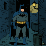 Batman dans une ruelle sombre, style bande dessinée ligne claire d'Hergé