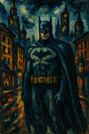 Batman dans Gotham City aux couleurs fauves, style Maurice de Vlaminck