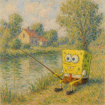 Bob l'éponge dans un paysage champêtre, style Camille Pissarro