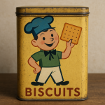 Photographie réaliste d'une boîte à biscuits rétro illustrée façon Donald Brun