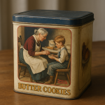 Photographie réaliste d’une boîte de gâteaux en métal rétro, posée sur une table, style Norman Rockwell