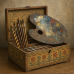 Photo réaliste d'une boîte à peinture vintage, style Camille Pissarro