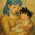 Bulma tenant bébé Son Gohan dans ses bras, représentés dans un style impressionniste façon Mary Cassatt