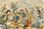 Scène d’un open-space en plein chaos avec personnages agités, style dessin humoristique
