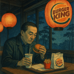 Homme mangeant dans un Burger King, traité comme une estampe japonaise de Hasui Kawase