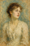 Buste d'une femme en robe claire, regard rêveur, style Berthe Morisot