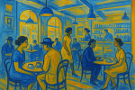 Café moderne avec clients en tenues streetwear, style Raoul Dufy avec variations de bleus et jaunes