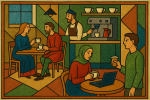 Scène de café moderne représentée dans le style des enluminures médiévales