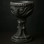 Photo réaliste d’un calice biomécanique orné de motifs organiques façon Hans Ruedi Giger
