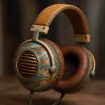 Photographie réaliste d’un casque audio rétro-futuriste aux formes organiques, style Moebius