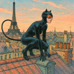 Catwoman en tenue noire sur les toits de Paris sous une lune pastel, style Moebius