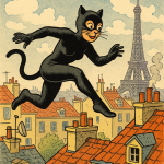 Catwoman bondissant sur les toits de Paris, dans un style illustratif et humoristique façon Benjamin Rabier