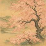 Cerisiers en fleurs sous une atmosphère de brume dans le style de Taikan Yokoyama