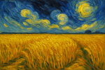 Paysage d’un champ de blé sous un ciel tourmenté, style Van Gogh