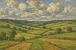 Paysage de champs ondulants sous un ciel nuageux, style Camille Pissarro