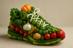 Photographie réaliste d'une chaussure recouverte de fruits et légumes, style Arcimboldo