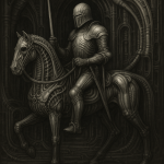 Chevalier médiéval sur son cheval dans un décor biomécanique, style Hans Ruedi Giger