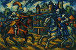 Chevalier médiéval dans un tournoi aux couleurs fauves, style Maurice de Vlaminck