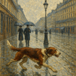 Chien courant sur un trottoir parisien sous la pluie, style Gustave Caillebotte