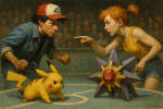 Sacha et Ondine s'affrontent sur un terrain de combat Pokémon avec Pikachu et Staross, dans un style illustratif à la Norman Rockwell