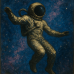 Cosmonaute flottant au milieu d'un ciel étoilé, style Franz von Stuck